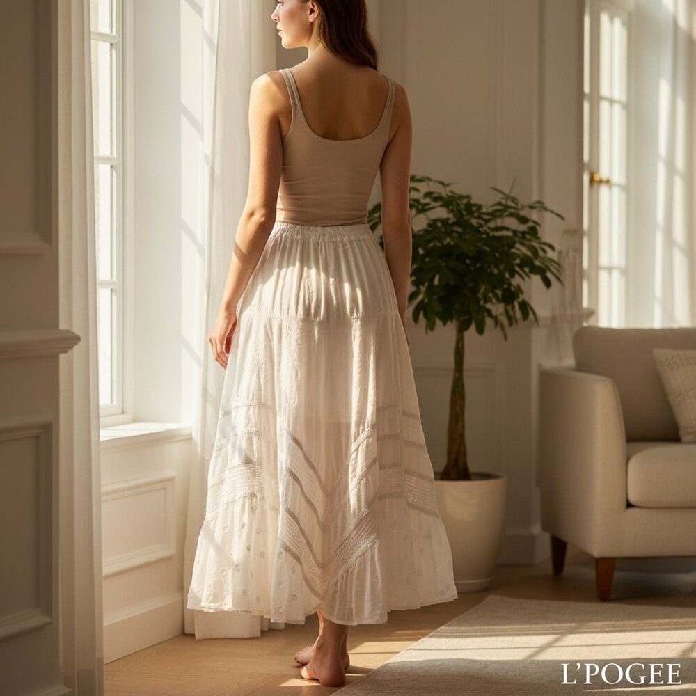 L'POGEE Bohemian White Maxi Skirt With Eyelet Detail & Crochet Layers Tie - Picture 14 of 14